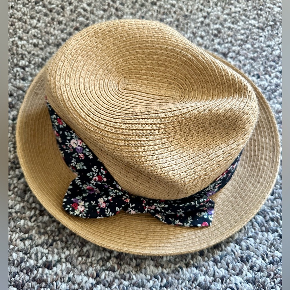 Talula Aritzia Straw Fedora Hat w Floral Band and Bow Size M/L